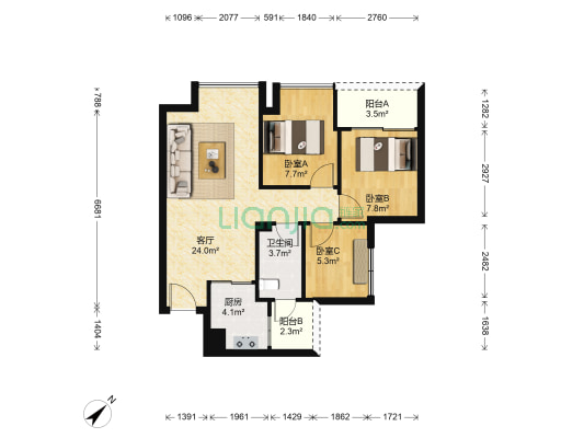豪方天际花园 3室1厅1卫 74平方