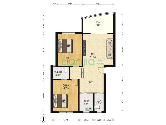 阳光清雅阁 2室1厅2卫 88平方