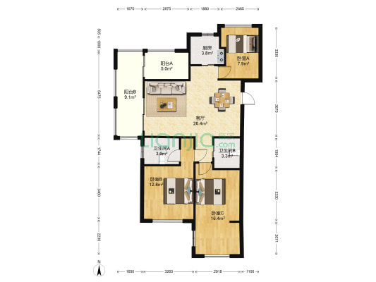 保利城市果岭 3室1厅2卫 86平方