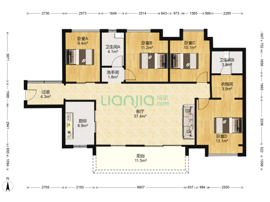 美的明湖花园三期 4室1厅3卫 136平方