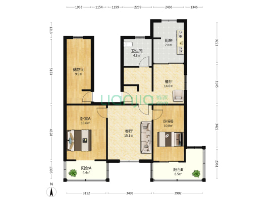 复兴路工行宿舍 2室2厅1卫 107平方
