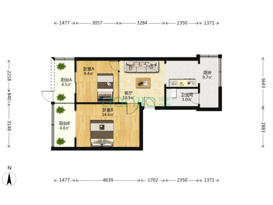 红星路一段35号 2室1厅1卫 59平方