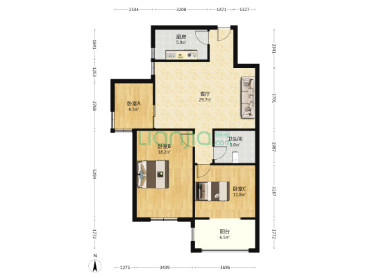 下元自来水宿舍 3室1厅1卫 108平方