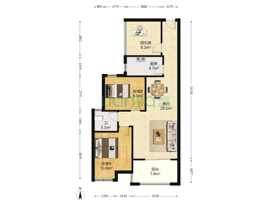 万达华府 2室1厅1卫 89平方
