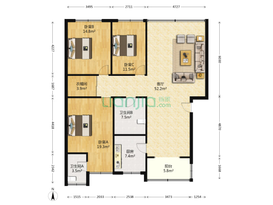 银东公寓 3室1厅2卫 146平方