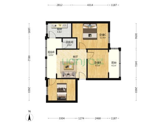 青山巷53号 3室1厅1卫 80平方