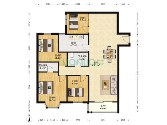 德福广场 4室1厅2卫 126平方