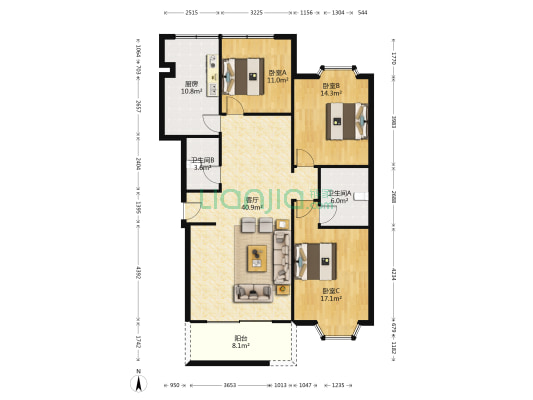 嘉信花园 3室1厅2卫 134平方