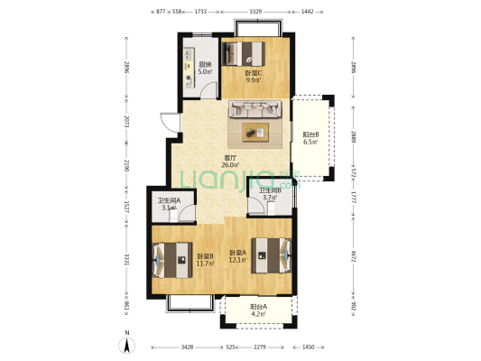 乌山路65号 3室1厅2卫 97平方