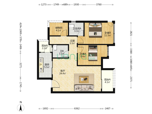 荣安林语春风B区 2室1厅2卫 93平方
