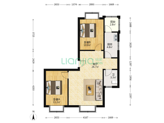 乐福西苑 2室1厅1卫 73平方