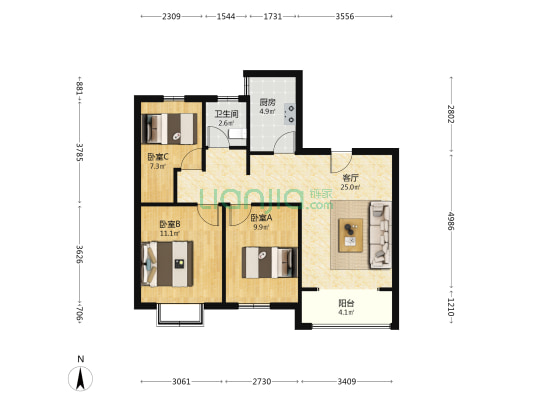 海铂花园 3室1厅1卫 94平方