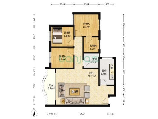 雅翠花园景翠居 3室1厅1卫 85平方