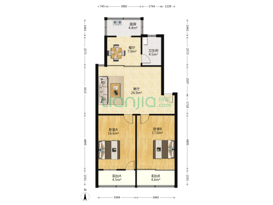 外贸公司宿舍 2室2厅1卫 95平方