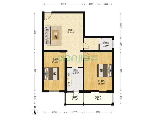 皂君庙甲16号院 2室1厅1卫 108平方