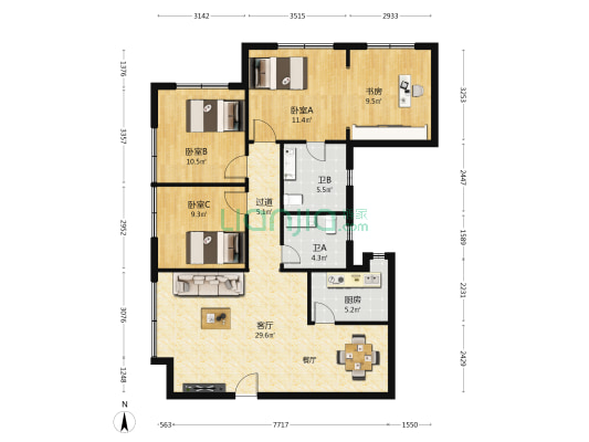 洪珠大厦 4室1厅2卫 121平方