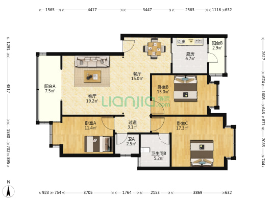 岷江佳苑二区 3室2厅2卫 117平方