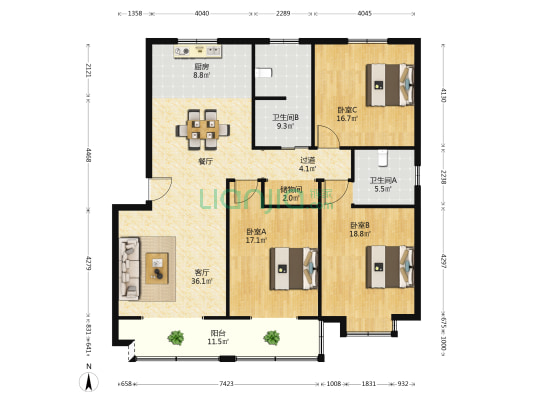 浦瑞小区 3室1厅2卫 146平方