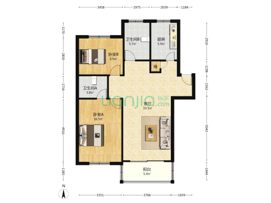 新虹桥明珠花园 2室1厅2卫 95平方