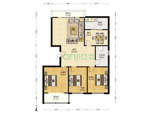 紫金花园 3室2厅1卫 134平方