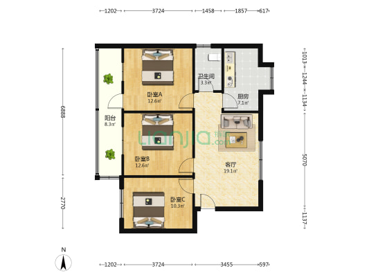 屏襄门地税局家属院 3室1厅1卫 90平方