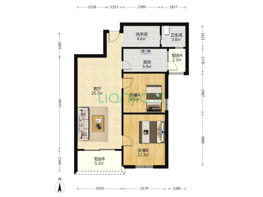 丽景都市公寓 2室1厅2卫 84平方