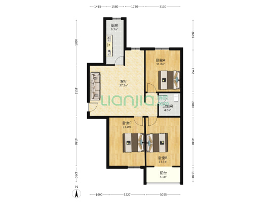 翔天万和城 3室1厅 南 北-户型图