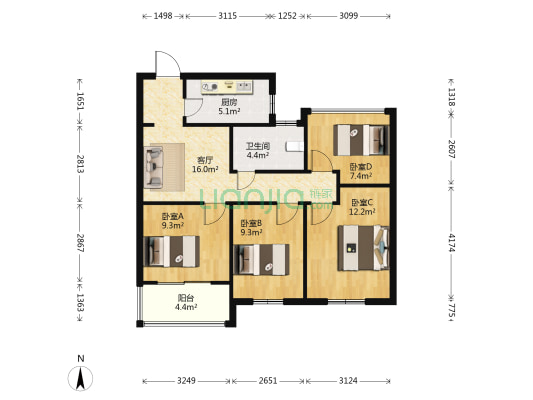 龙湖春江郦城郦宸苑 4室1厅1卫 87平方