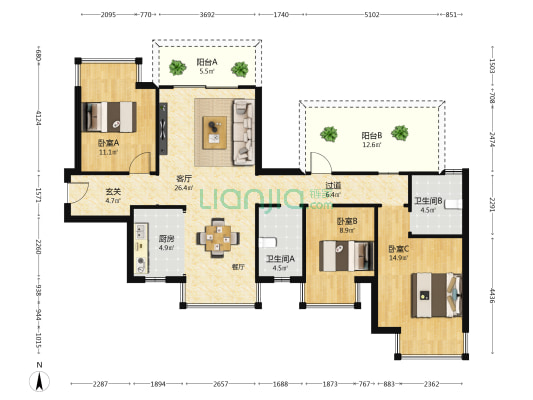 彰泰欢乐颂 3室1厅2卫 107平方