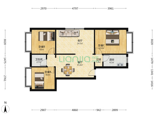 方圆经纬雅园 3室2厅1卫 119平方