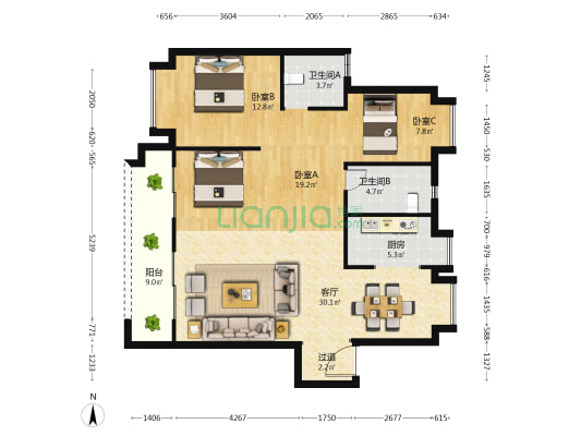 国博新城悦江府 3室1厅2卫 119平方
