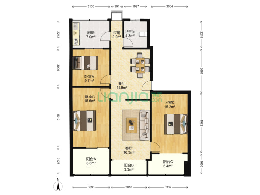 淮北街1号院 3室2厅1卫 126平方