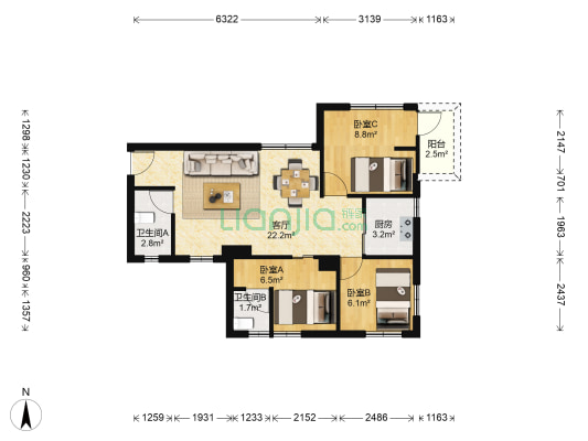 茶滘新村 3室1厅2卫 67平方