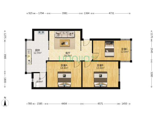 黑林铺云汽实业小区 3室1厅1卫 74平方