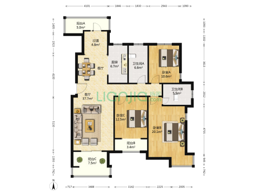 华盟天河湾 3室1厅2卫 127平方