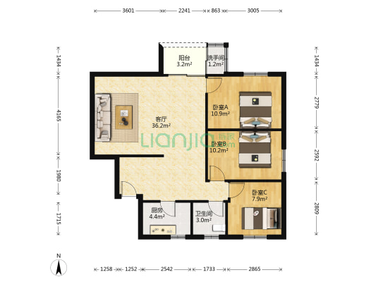 农工商学院 3室1厅2卫 93平方