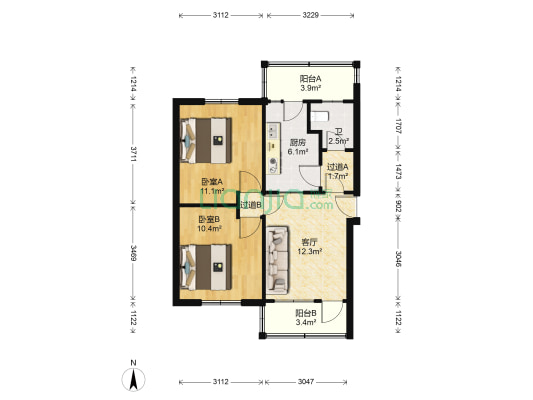 大虞街办宿舍 2室1厅1卫 60平方