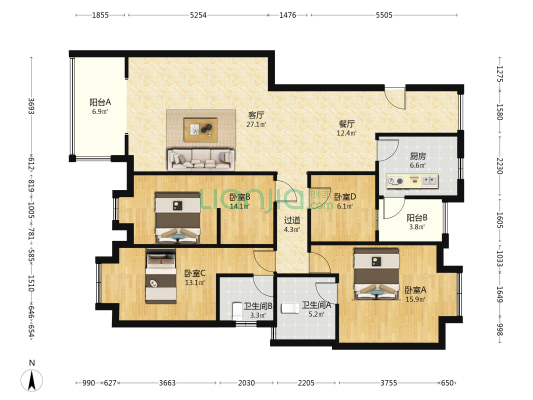 宗申流溪别院四期 4室2厅2卫 132平方