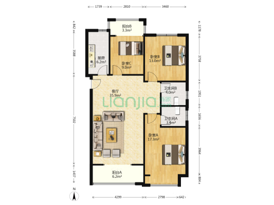 郑地新港华苑 3室1厅2卫 135平方