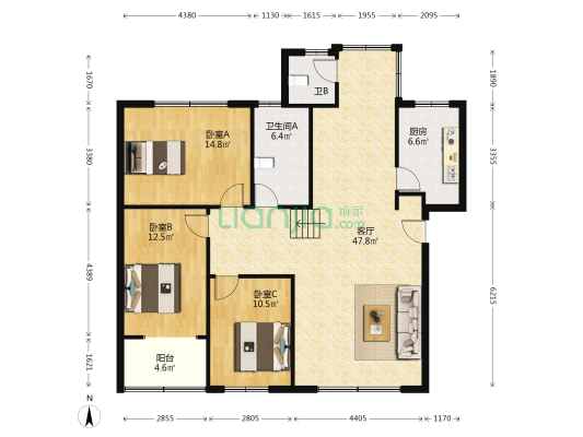 中天花园 3室1厅2卫 128平方
