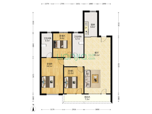 招商雍景湾 3室1厅2卫 127平方