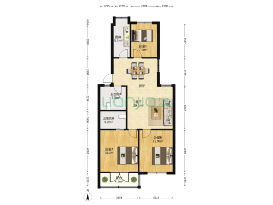 天华新村 3室1厅2卫 101平方