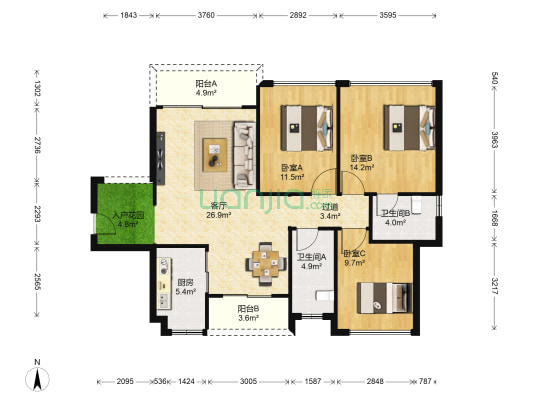 中伦东海岸 3室1厅2卫 114平方