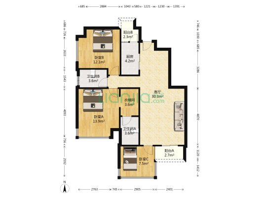 时富花园 3室1厅2卫 98平方