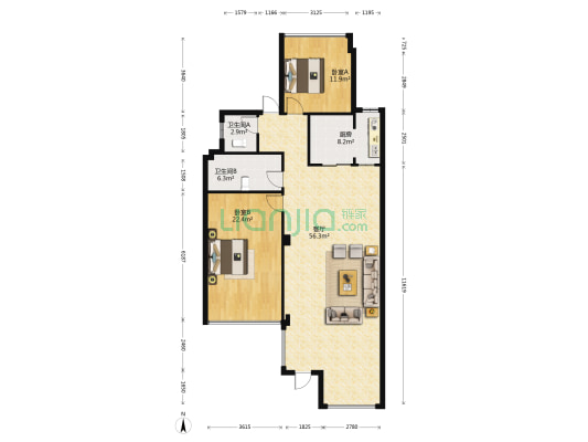 万辉星城紫荆堡 2室1厅2卫 125平方