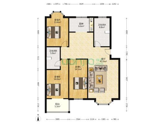 华阳主路旁，名流枫景洋房，南北通透小区物业费低-户型图