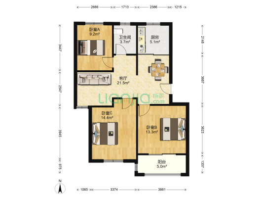 罗马假日 3室1厅1卫 153平方
