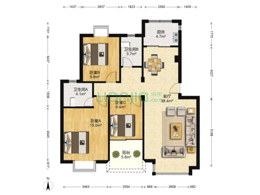 东方新城A1组团 3室1厅2卫 100平方