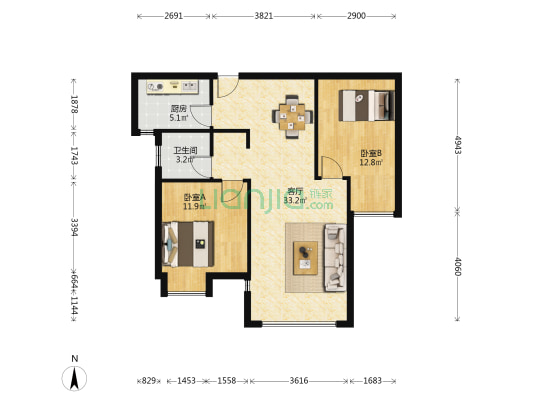领城蔚然里北苑 2室1厅1卫 87平方