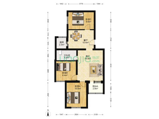 葱店胡同2号院 3室2厅1卫 90平方